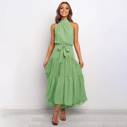 OUSLEE Summer Casual Long Dress Boho Style Halter Polka Dot Dresses Women Elegant Party Print Maxi Dresses Ladies Vestidos Mujer