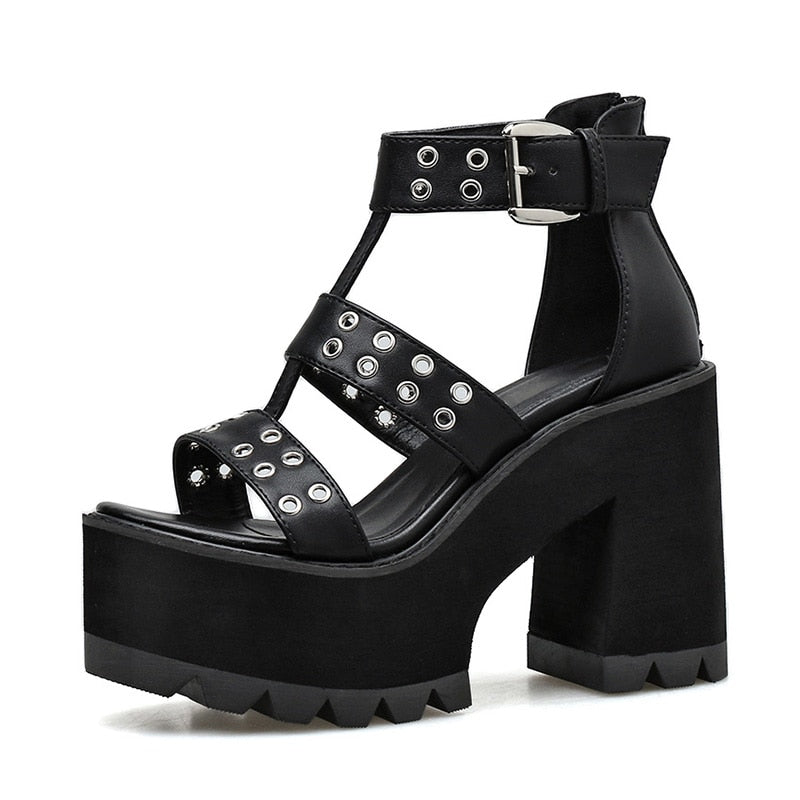 Gdgydh Sexy Rivet Shoes Women For Party Rock Style Blakc Block Heel Platform Sandals Women Back Zipper Summer Footwear Gladiator