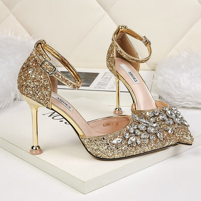2023 Women Summer 9.5cm High Heels Crystal Luxury Sandals Lady Glitter Bling Pumps Footwear Sequins Wedding Bridal Sandles Shoes