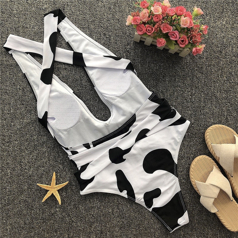 2020 Cow Print One-Piece Swimsuit High Waist Swimwear Women Sexy Deep V-neck Swimming Suit For Women Beach Bathing suit Monokini