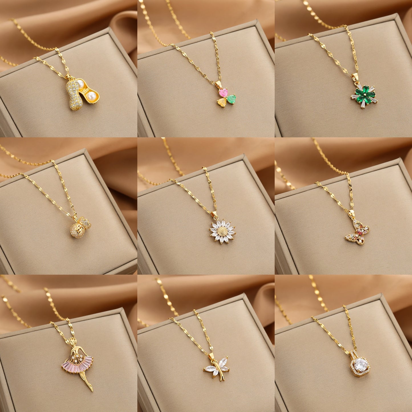 Gold Color Necklace for Women Zircon Jewelry Pendant Necklace Stainles Steel Mermaid Heart Butterfly Stainless Steel Sunflower