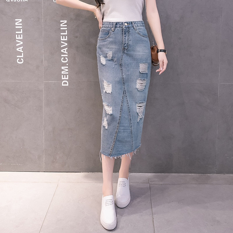 Midi Skirt Women 2023 Summer Hole Denim Bottoms High Waist Jeans Skirts Back Split Korean Fashion Style Casual Wears For Ladies