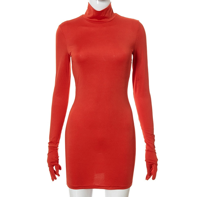 NEONBABIPINK Sexy Turtleneck Gloves Long Sleeve Dresses for Women Party Night Club Wear Red Black Bodycon Mini Dress N85-BH20