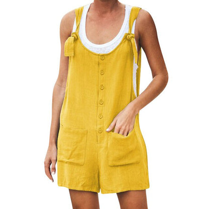 Women Jumsuit Cotton Linen Rompers Solid Button Pocket Summer Short Jumpsuit Casual Loose Straps Playsuit Overalls Short Pants