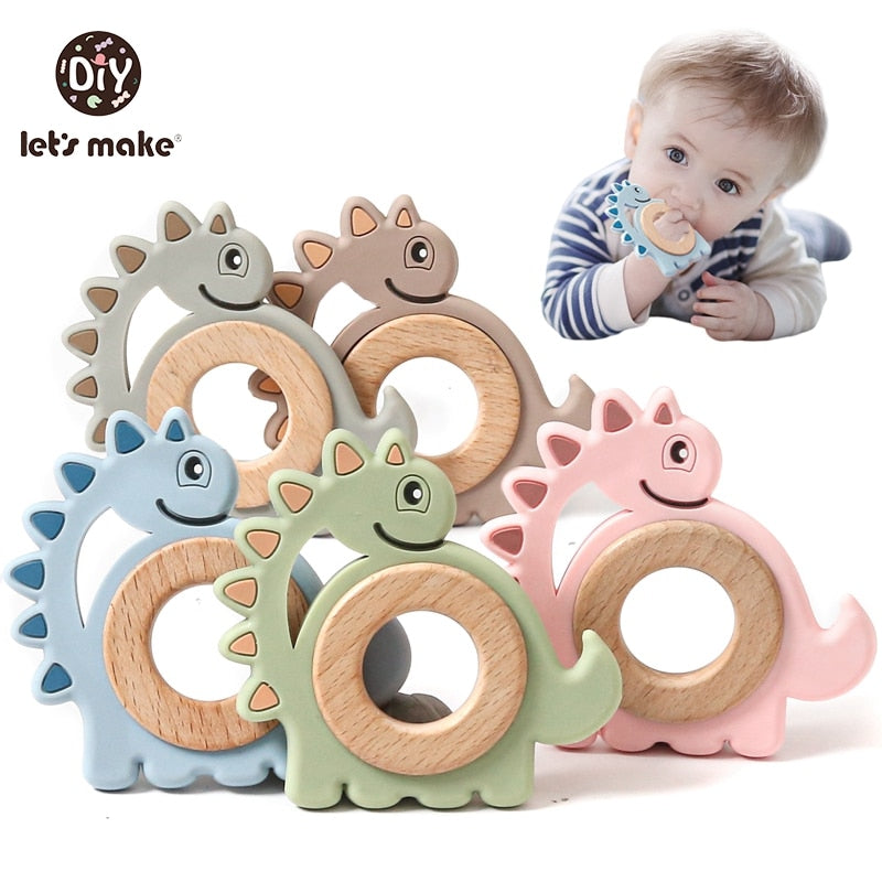 Let&#39;s Make Dinosaur Silicone Wood Ring Teether Cute Animal Nursing Pendant Accessories Teething Toys Chew Toy Teether For Teeth