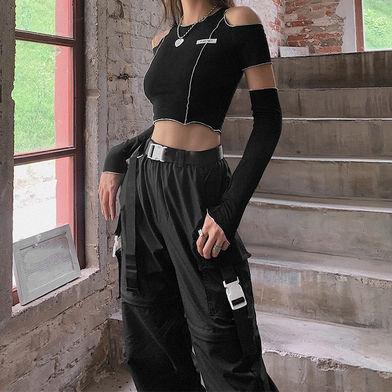 Patchwork Black T-shirts Gothic One Shoulder Sleeve Y2k Crop Tops Ruffles Hem Hip Hop Techwear Women Tees