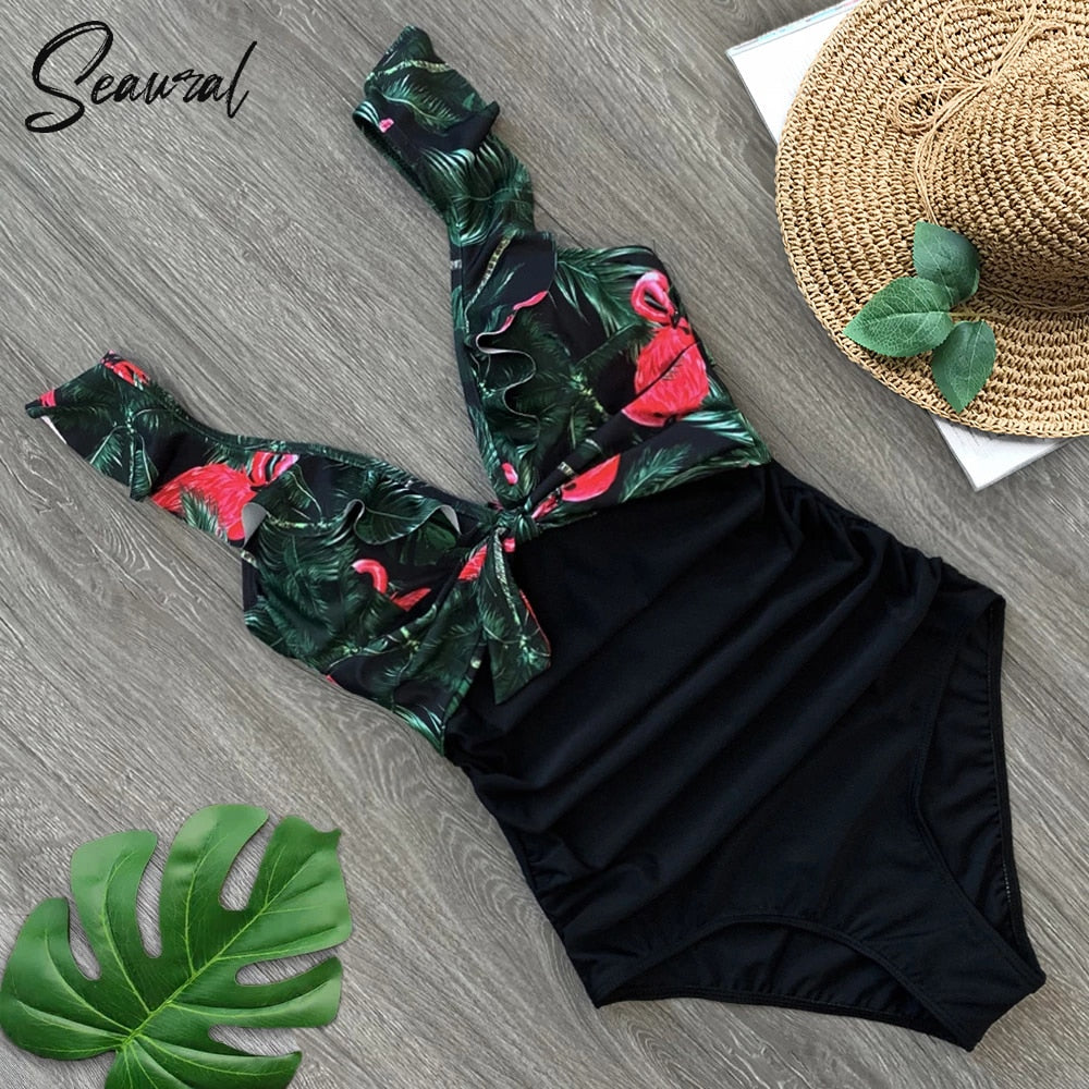 2020 Sexy New Ruffle One Piece Swimsuit Off The Shoulder Swimwear Women Swimsuit Deep-V Bathing Suits Beach Wear Swim Suit