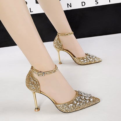 2023 Women Summer 9.5cm High Heels Crystal Luxury Sandals Lady Glitter Bling Pumps Footwear Sequins Wedding Bridal Sandles Shoes