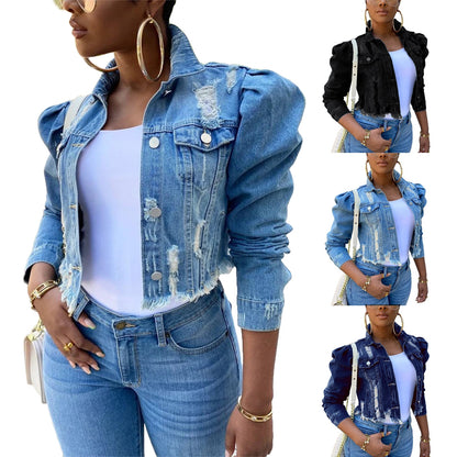 Y2k Women&#39;s Ripped Denim Jacket Casual Long Puff Sleeve Button Down Cropped Jean Coats for Fall