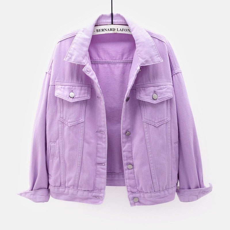 Women&#39;s Denim Jacket Spring Autumn Short Coat Pink Jean Jackets Casual Tops Purple Yellow White Loose Tops Lady Outerwear KW02