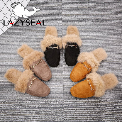 LazySeal Fur Women Slides Ladies Black Outdoor Female Shoes Slides Summer Winter 100% Real Rabbit Hair Designer Spring Footwear