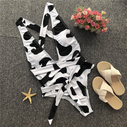 2020 Cow Print One-Piece Swimsuit High Waist Swimwear Women Sexy Deep V-neck Swimming Suit For Women Beach Bathing suit Monokini