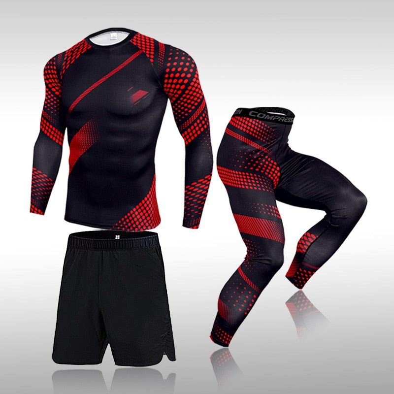 3 Pcs Set Men&#39;s Workout Sports Suit Gym Fitness Compression Clothes Running Jogging Sport Wear Exercise Rashguard Men