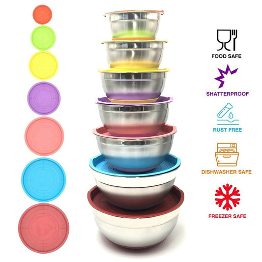 Colorful 304 Stainless Steel Salad Bowl With Lid Non-slip Silicone Bottom Kitchen Egg Mixing Bowls Set For Cooking Baking