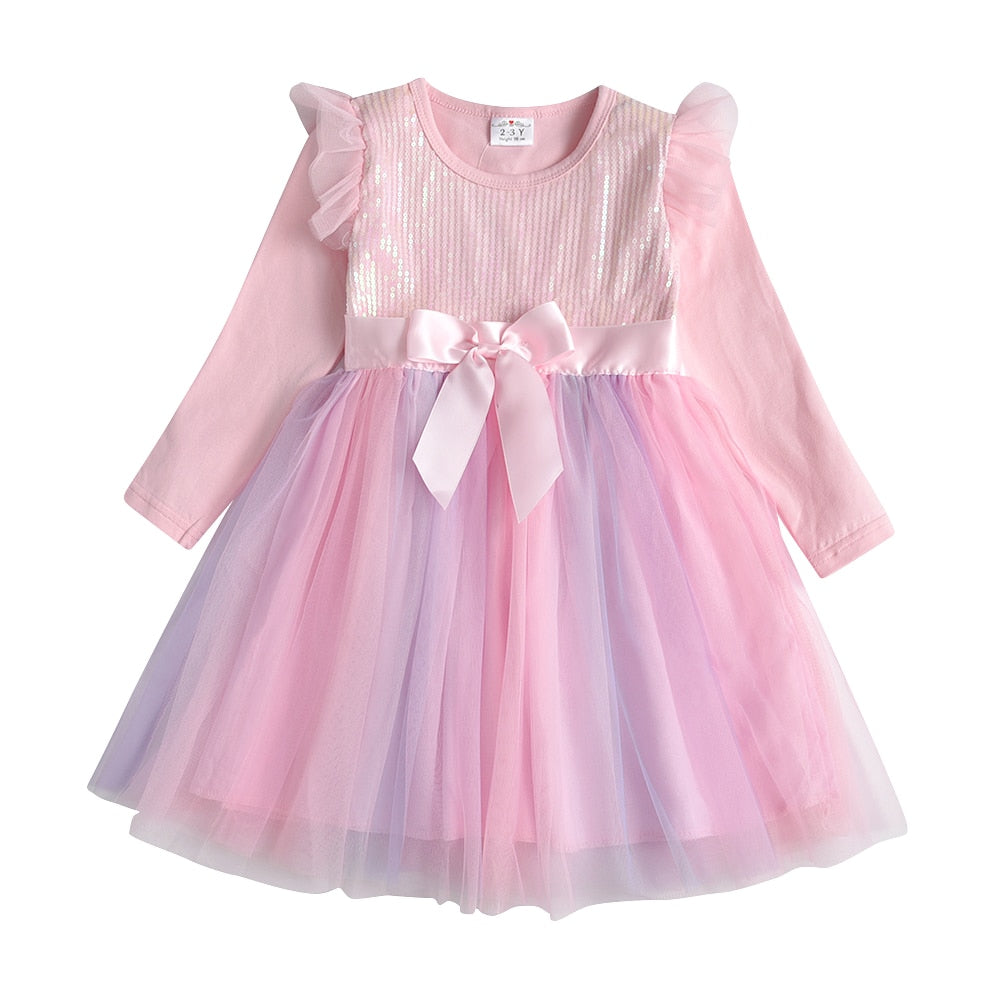 VIKITA Girls Dress New Autumn Mesh Girls Clothes Kids Bow Princess Dress Children Cute Sweet Casual Dresses Baby Girls Dresses