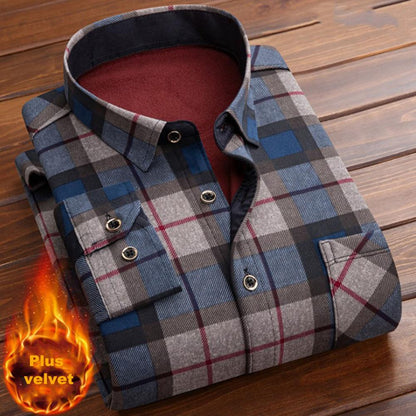 Men Autumn Shirt Slim Great Turn-down Collar Plaid Thicken Warm Lapel Formal Shirt