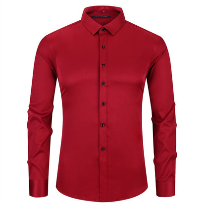 Anti-Wrinkle No-Ironing Elasticity Slim Fit Men Dress Casual Long Sleeved Shirt White Black Blue Red Male Social Formal Shirts