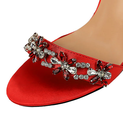 2023 Women 9cm High Heels Crystal Sandals Wedding Bridal Stiletto Heels Sandles Glitter Prom Elegant Stripper Satin Strap Shoes