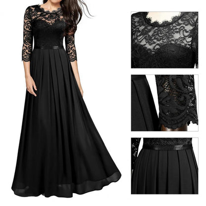 Hot Sales Stitching Lace Hollow Women Dress Pleated Large Hem O Neck 3/4 Sleeve A-Line Long Dress Ladies Clothing