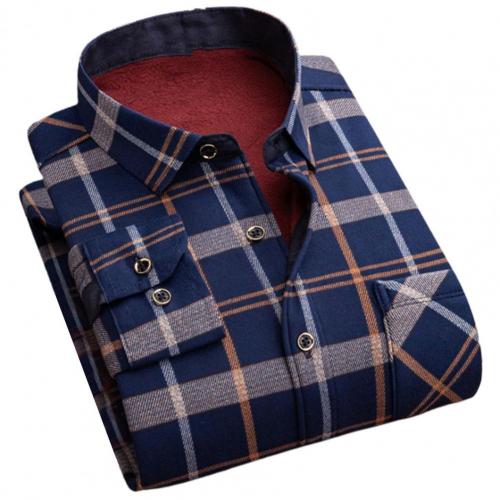 Men Autumn Shirt Slim Great Turn-down Collar Plaid Thicken Warm Lapel Formal Shirt