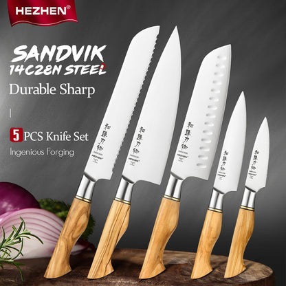 HEZHEN 1-5PC Knife Set Sandivik 14C28N Steel Stainless Steel Chef Santoku Utility Paring Cook Knife For Meat Sharp Kitchen Knife