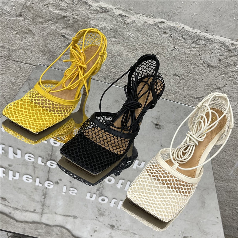 2023 Women Summer Sandals 10cm High Heels Female Square Toe Roman Casual Cross Toe Sandles Yellow Green Mesh Strap Pleaser Shoes