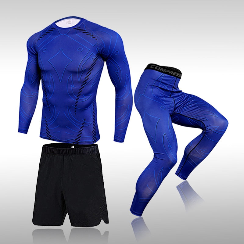 3 Pcs Set Men&#39;s Workout Sports Suit Gym Fitness Compression Clothes Running Jogging Sport Wear Exercise Rashguard Men