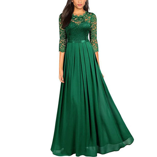 Lace Dress Women Green Black 2021 Spring Summer New Europe Fashion Chiffon Stitching Party Maxi Dresses Vestidos Feminina CX1345