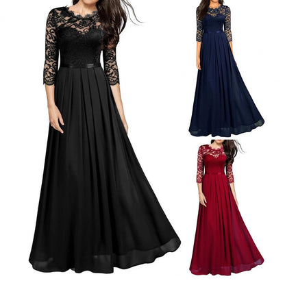 Hot Sales Stitching Lace Hollow Women Dress Pleated Large Hem O Neck 3/4 Sleeve A-Line Long Dress Ladies Clothing