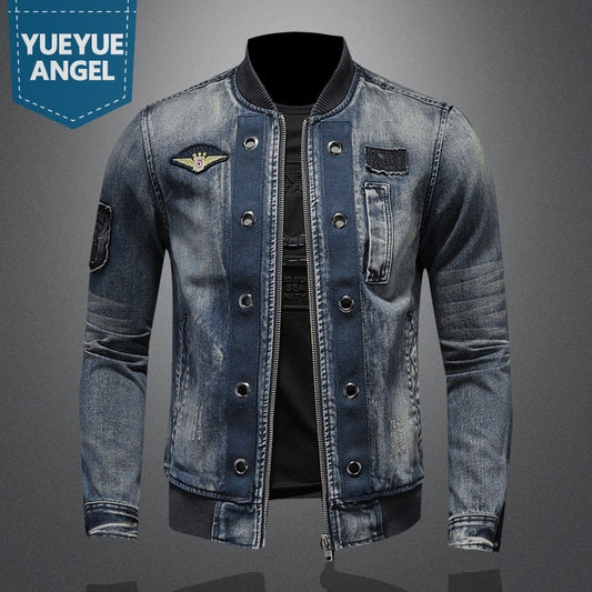 Men Vintage Stand Collar Pilot Coat Denim Bomber Jacket Plus Size 5XL Slim Fit Zipper Jean Outerwear Fashion Mens Biker Jackets