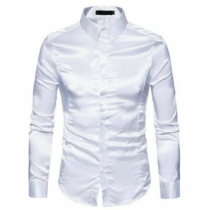 Plus size S-XXL Men Shirt Silk Satin Smooth Men Solid Tuxedo Business Shirt Men Casual Slim Fit Shiny Gold Wedding Dress Shirts