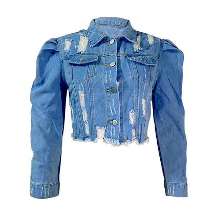 Y2k Women&#39;s Ripped Denim Jacket Casual Long Puff Sleeve Button Down Cropped Jean Coats for Fall