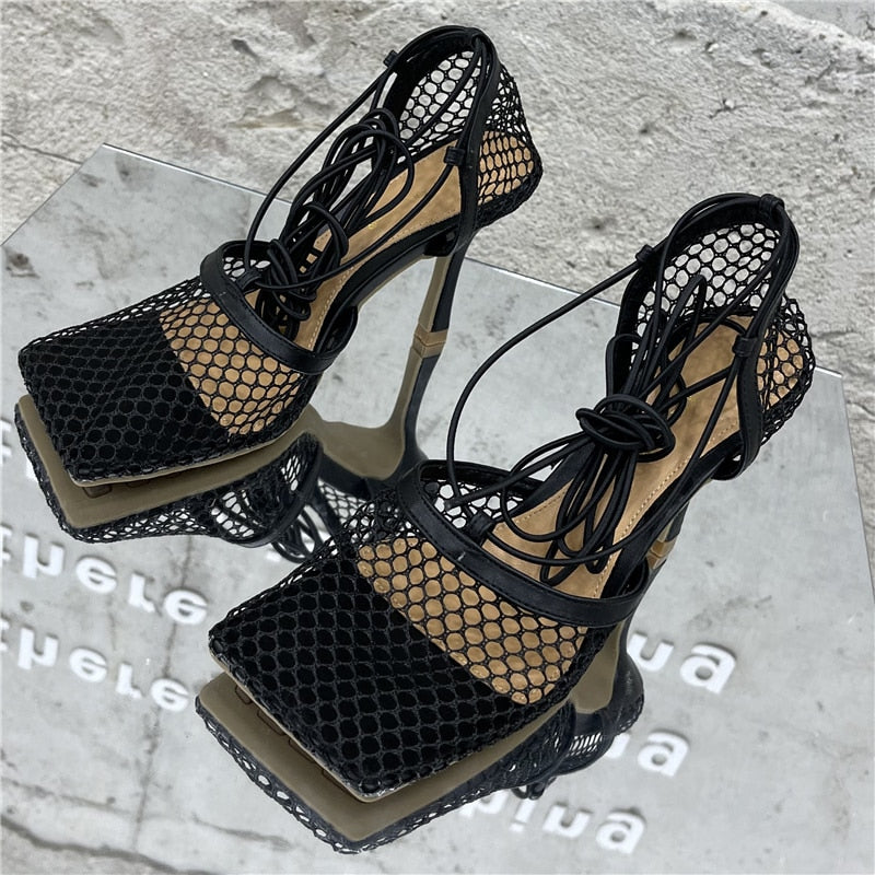 2023 Women Summer Sandals 10cm High Heels Female Square Toe Roman Casual Cross Toe Sandles Yellow Green Mesh Strap Pleaser Shoes