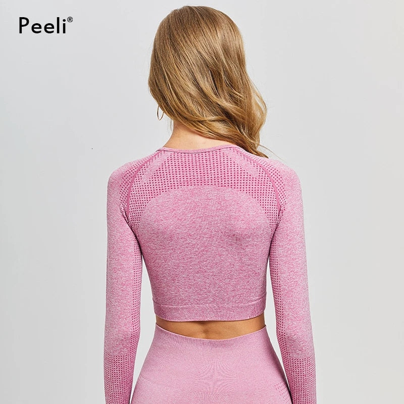 Peeli Long Sleeve Gym Crop Top Sports Yoga Top Women Seamless T-Shirts Fitness Crop Top Sport Active Wear Workout Athletic Shirt