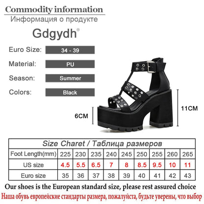 Gdgydh Sexy Rivet Shoes Women For Party Rock Style Blakc Block Heel Platform Sandals Women Back Zipper Summer Footwear Gladiator