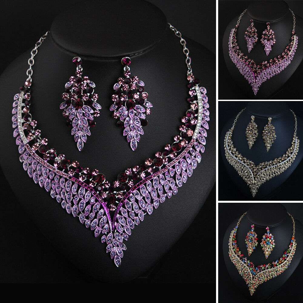 New Crystal Statement Necklace Earrings Set Fashion Women Rhinestone Choker Jewelry Sets Indian Bridal Wedding Costume Jewellery