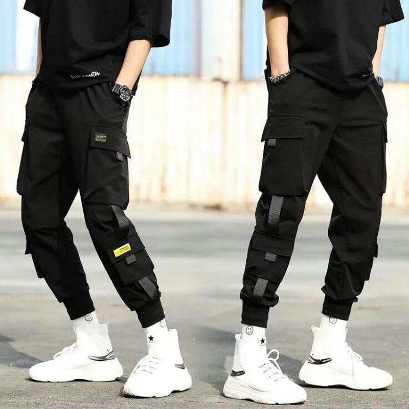 Streetwear Hip Hop Black Harem Pants Men Elastic Waist Punk Pants With Ribbons Casual Slim Jogger Pants Men Hip Hop Trousers