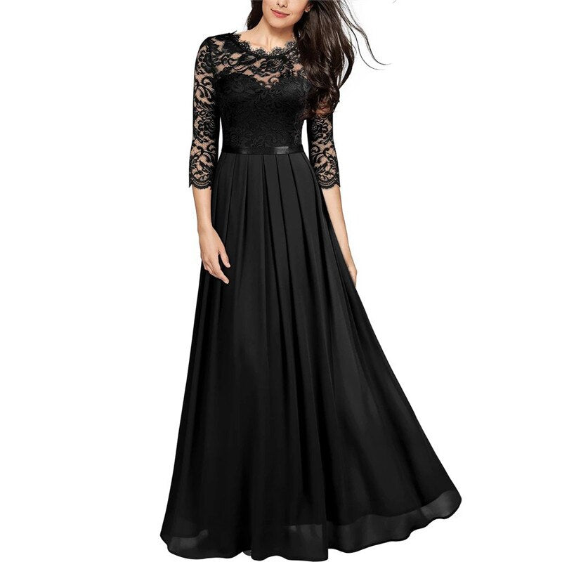 Lace Dress Women Green Black 2021 Spring Summer New Europe Fashion Chiffon Stitching Party Maxi Dresses Vestidos Feminina CX1345