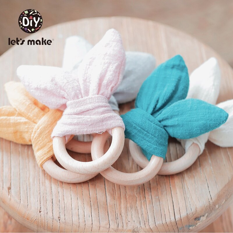 Let&#39;s make Bunny Ear Baby Teething Ring 1pc Teether 70mm Safe Organic Wooden Ring Nursing Training Newborns Toys Baby Teethers