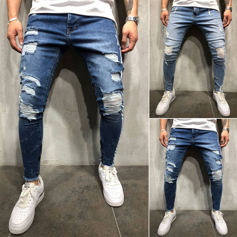 2019 New Brand Fashion Fashion Men&#39;s Ripped Skinny Jeans Destroyed Frayed Slim Fit Denim Pant Zipper US