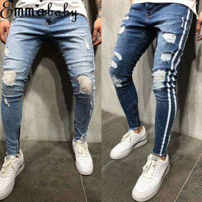 2019 New Brand Fashion Fashion Men&#39;s Ripped Skinny Jeans Destroyed Frayed Slim Fit Denim Pant Zipper US