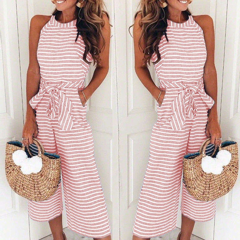 New Fashion Summer Fashion Overalls Women Strip O Neck Sleeveless Long Rompers Elegant Belt Bow Loose Party Jumsuit