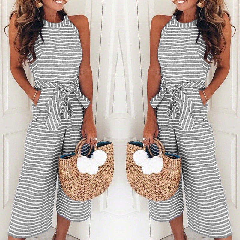 New Fashion Summer Fashion Overalls Women Strip O Neck Sleeveless Long Rompers Elegant Belt Bow Loose Party Jumsuit