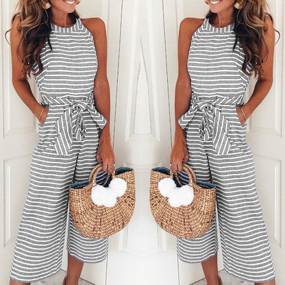 New Fashion Summer Fashion Overalls Women Strip O Neck Sleeveless Long Rompers Elegant Belt Bow Loose Party Jumsuit