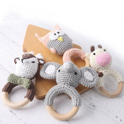 Baby Teether 1pc Animal Crochet Wooden Ring Rattle Wooden Teether For Baby Products DIY Crafts Teething Rattle Amigurumi Toys