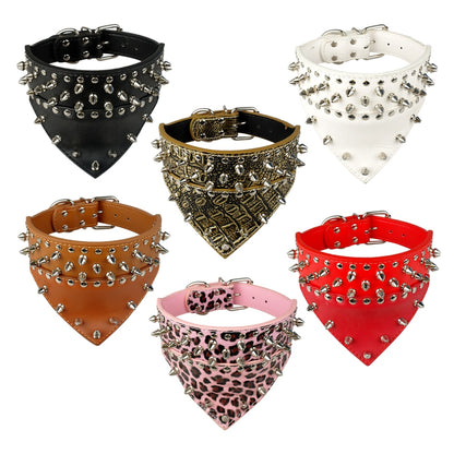 Leather Dog Bandana Scarf Bibs Collar Spikes Spiked Dog Collar Leather Pet Dogs Collar For Medium Large Pet Pitbull Mastiff