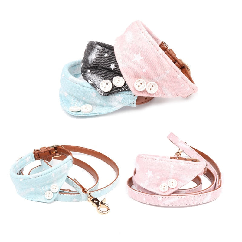 Cute Stars Pets Dog Collars Leather Bowknot Collar Leash Set for Small Medium Dogs Bulldog/Pug Necklace Bandana Pet Leashes