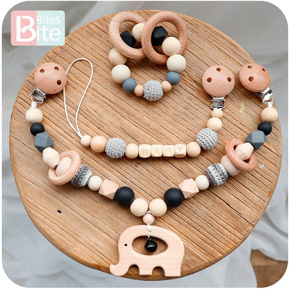 Bite Bites 1set Baby Wooden Teether Pacifier Clip Chain Beech Rodent Ring Baby Nursing Rattle Food Grade Perle Silicone Bead Toy