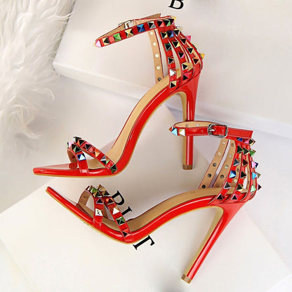 2023 Women 11cm High Heels Heels Rivets Studded Sandals Lady Sandles Stiletto Glossy Pumps Stripper Summer Fetish Strappy Shoes