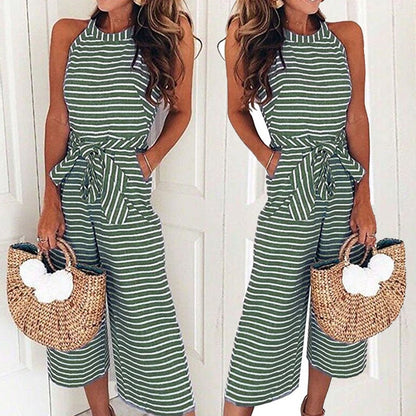 New Fashion Summer Fashion Overalls Women Strip O Neck Sleeveless Long Rompers Elegant Belt Bow Loose Party Jumsuit